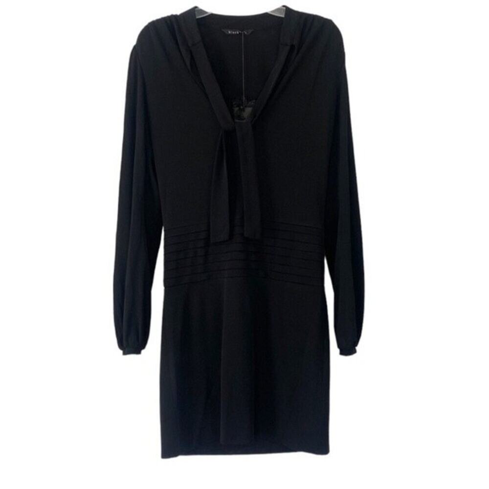Black Halo Dress Black Long Sleeve Sheath Dress Tie Neck Pleated Size Medium New